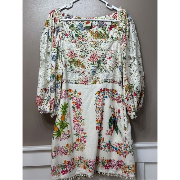 FARM RIO Delicate Forest Scarves Billowy-Sleeve Embroidered Mini Dress Women's L - Picture 3 of 14